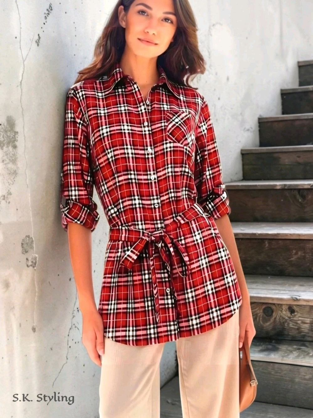 G.H. Bass & Co. Women's Red Plaid Button Up Tunic Shirt Roll Tab Long Sleeve L
